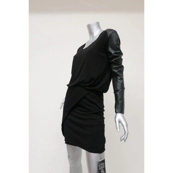 Michelle Mason Dress Black Stretch Jersey Size Small Leather Sleeve Mini NEW - Picture 2 of 8